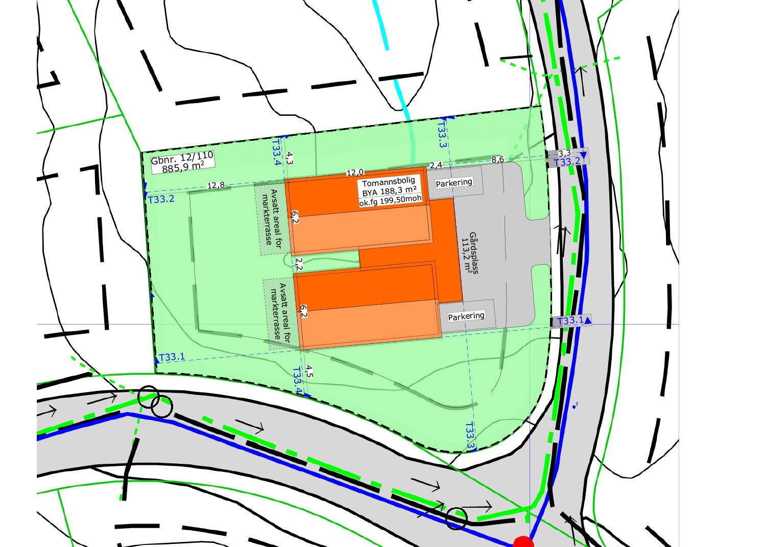 Situasjonskart. Tomt 33 Gbnr. 12/110 885,9 m2 Galleribilde