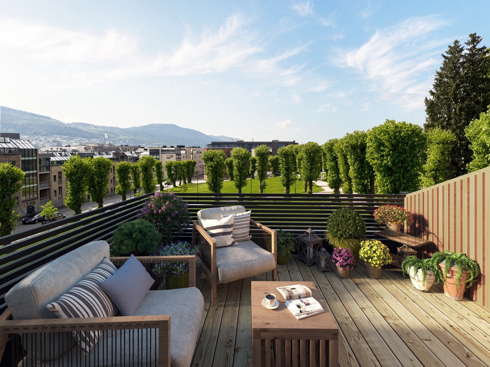 Townhousene får solrik privat takterrasse og terrasse på bakkeplan, ut mot den idylliske parken eller bakgården. Galleribilde