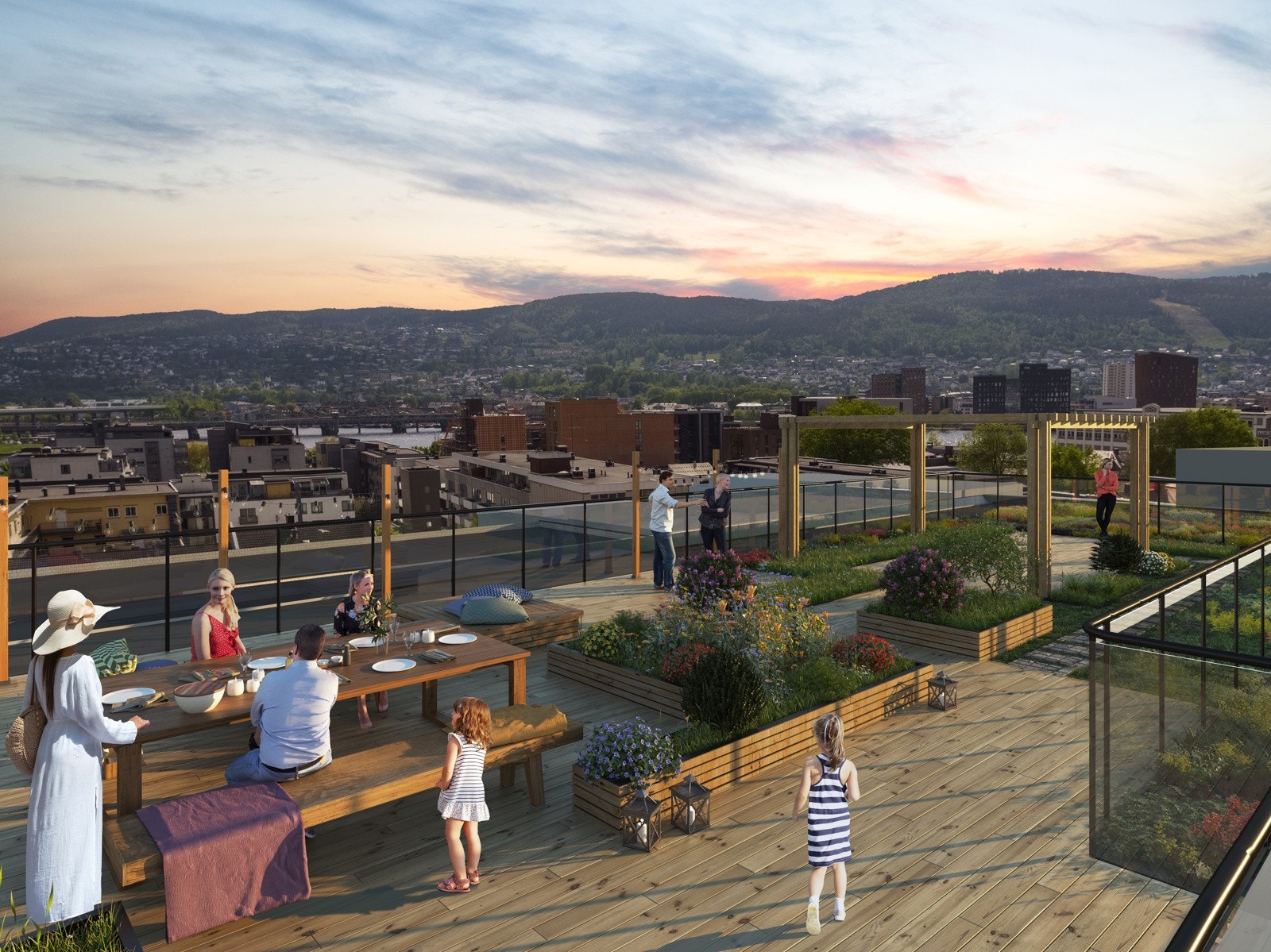 På takterrassene blir det flere oppholdsplasser og sosiale soner, samt plantekasser med mulighet for å dyrke frem både vintergrønt og sesongblomster. Galleribilde