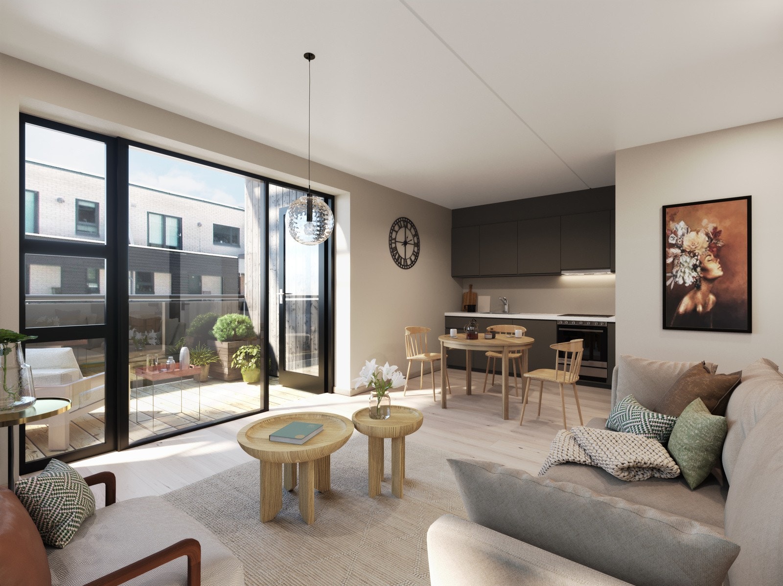 Boligene utstyres med vannbåren varme og lys 1- stavs eikeparkett. Galleribilde