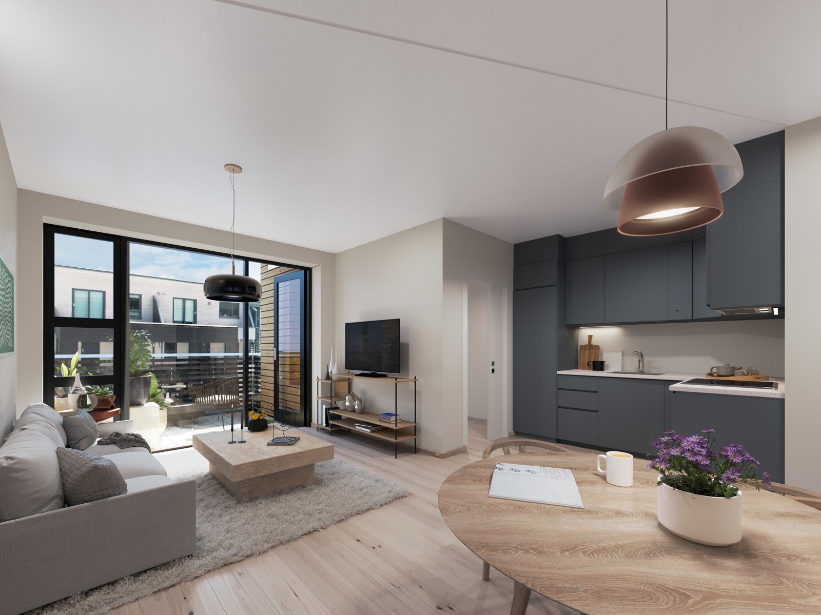 Det moderne kjøkkenet leveres med integrerte hvitevarer. Galleribilde