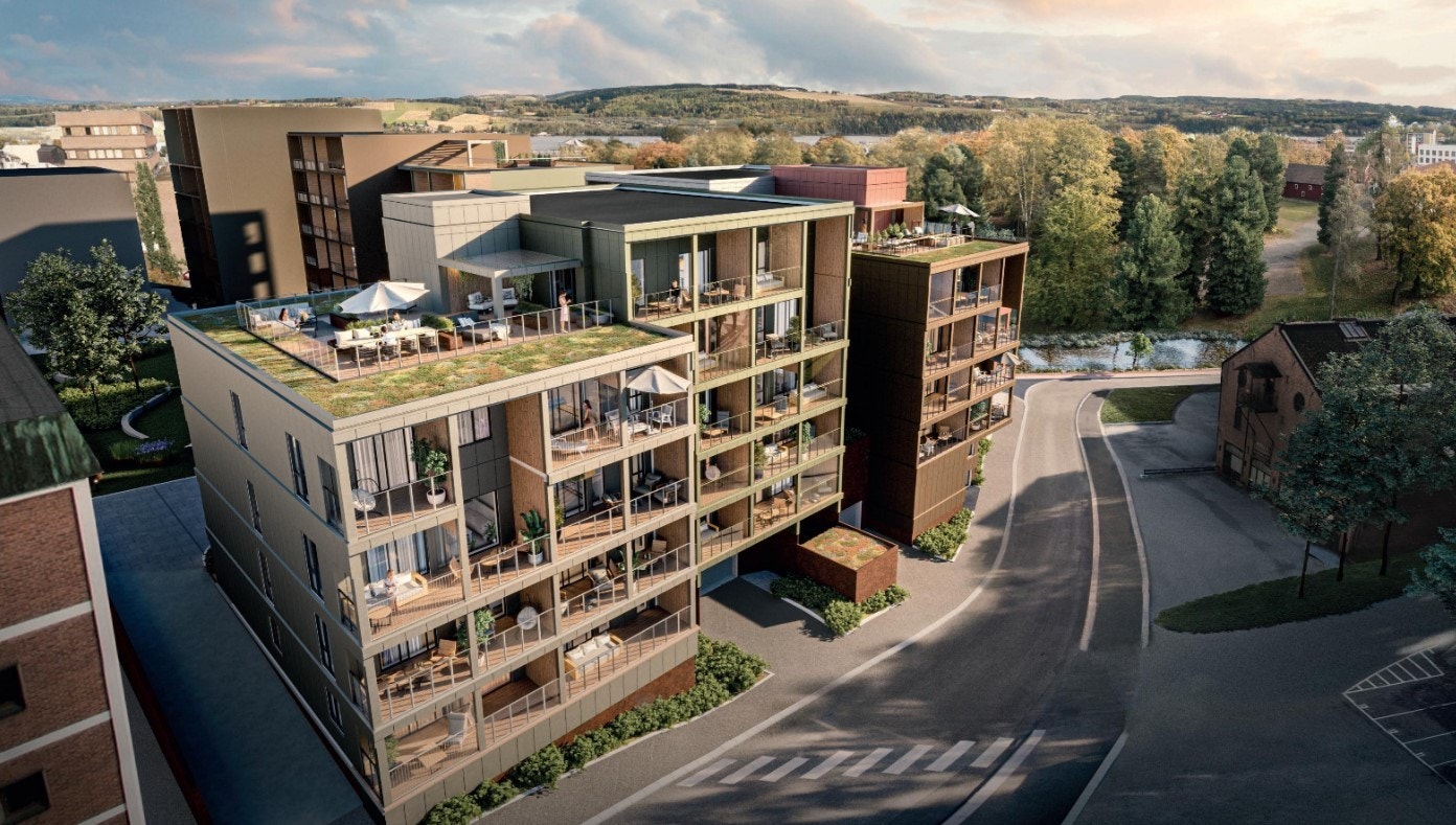 Brenneribakken ned mot Hunnselva og Gjøvik gård. Illustrasjon. Leiligheten er ytterst på hjørnet mot Mølla, med dobbel takhøyde på verandaen. Galleribilde