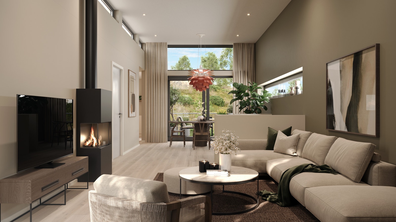 Boligens 2 etg. Illustrasjon fra stue mot kjøkken Galleribilde