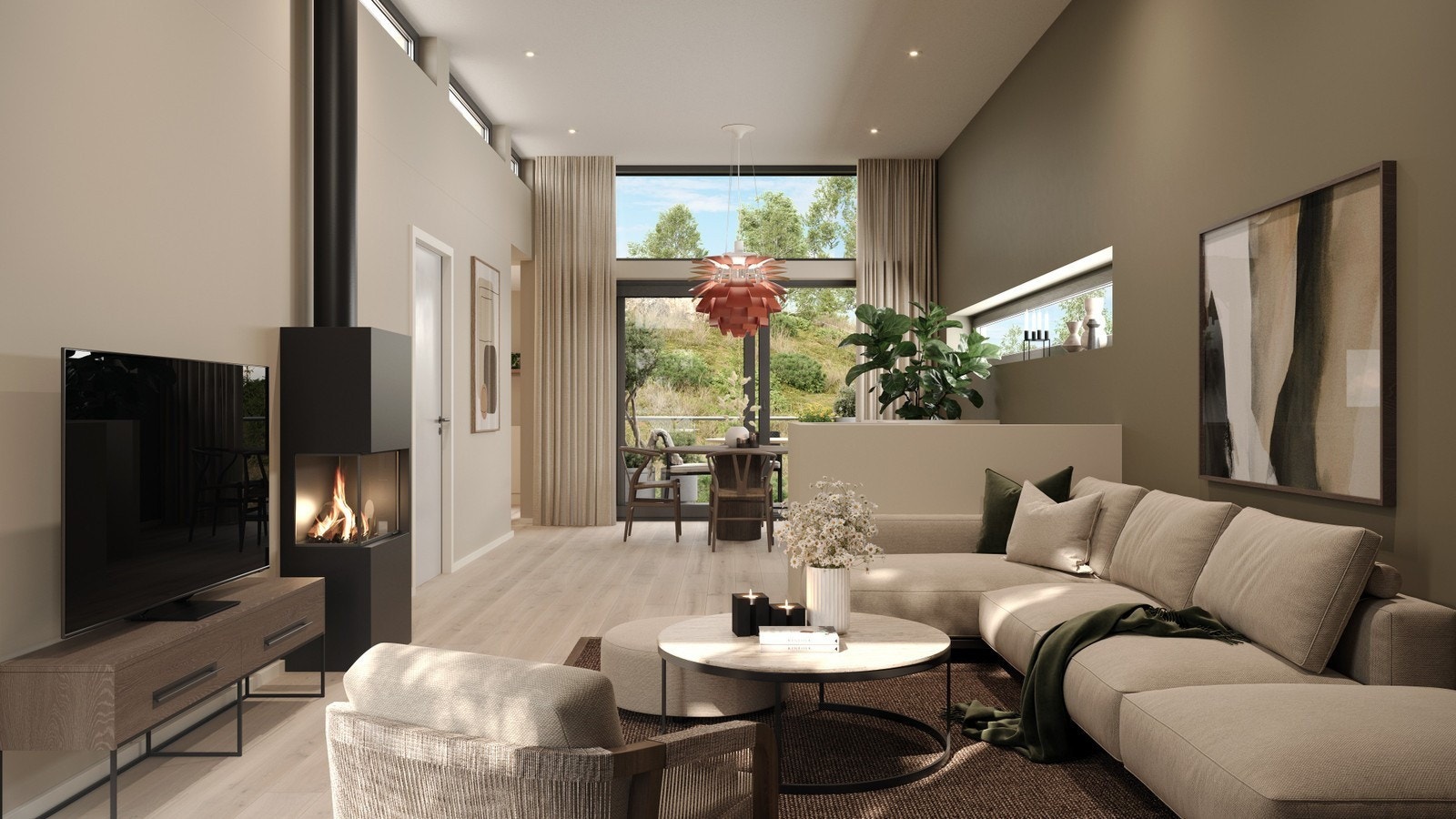 Boligens 2 etg. Illustrasjon fra stue mot kjøkken Galleribilde