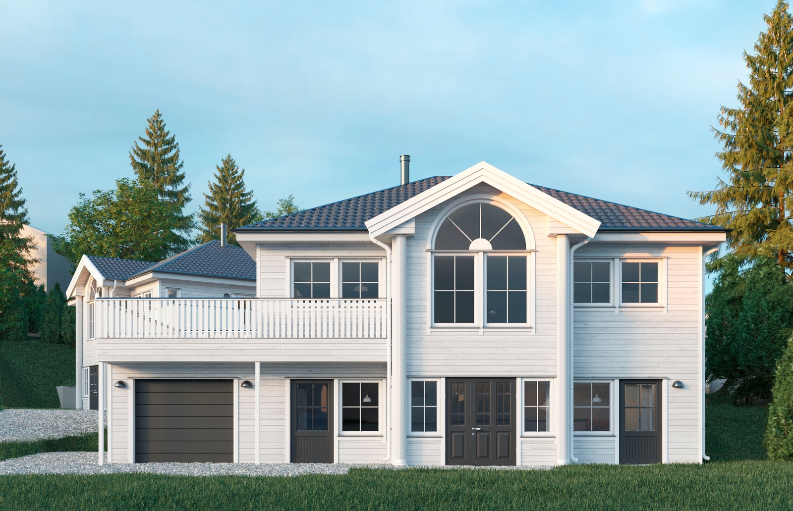 Hus 1 har et areal på hele 208 kvm. har bla. 5 sov, 3 stuer, og integrert garasje. Galleribilde