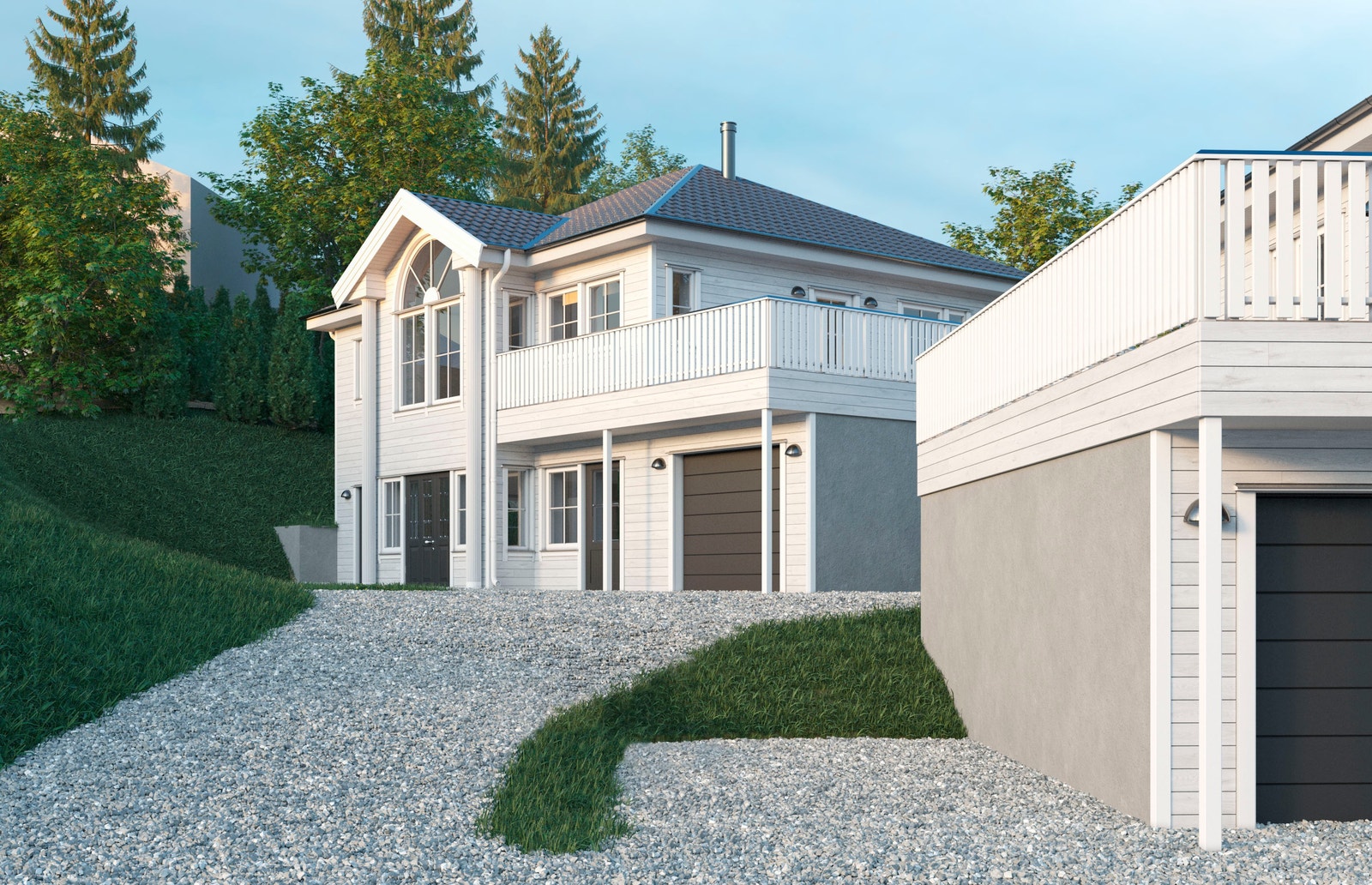 Parkering på gårdsplass foran hus 1 og ved siden av garasjen. Boligene vil bli levert med ferdig opparbeidet gårdsplass og ferdigplen. Galleribilde