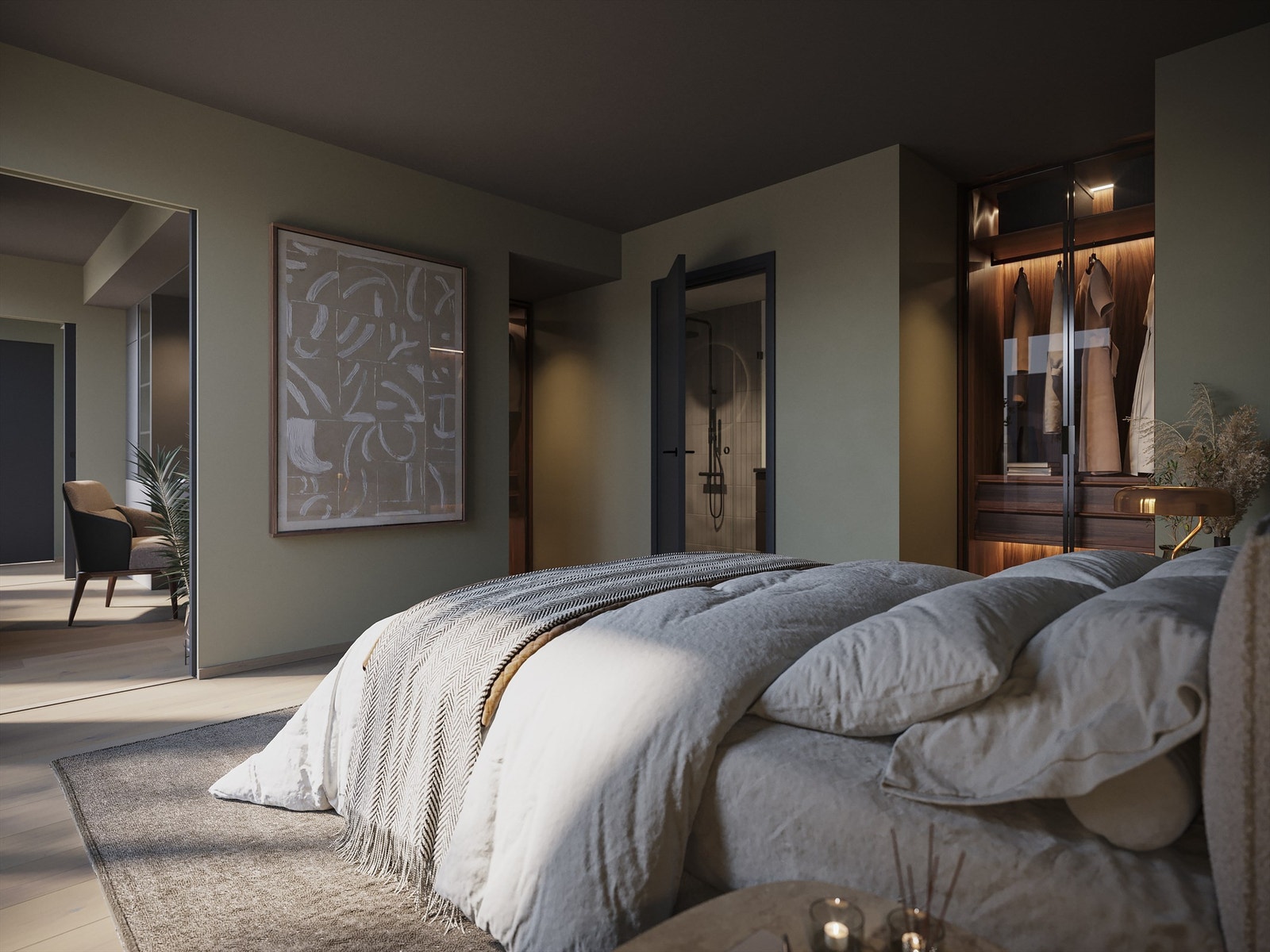 Flere leiligheter har hovedsoverom med egne bad. Illustrasjonsbilde fra leilighet A0602. Galleribilde