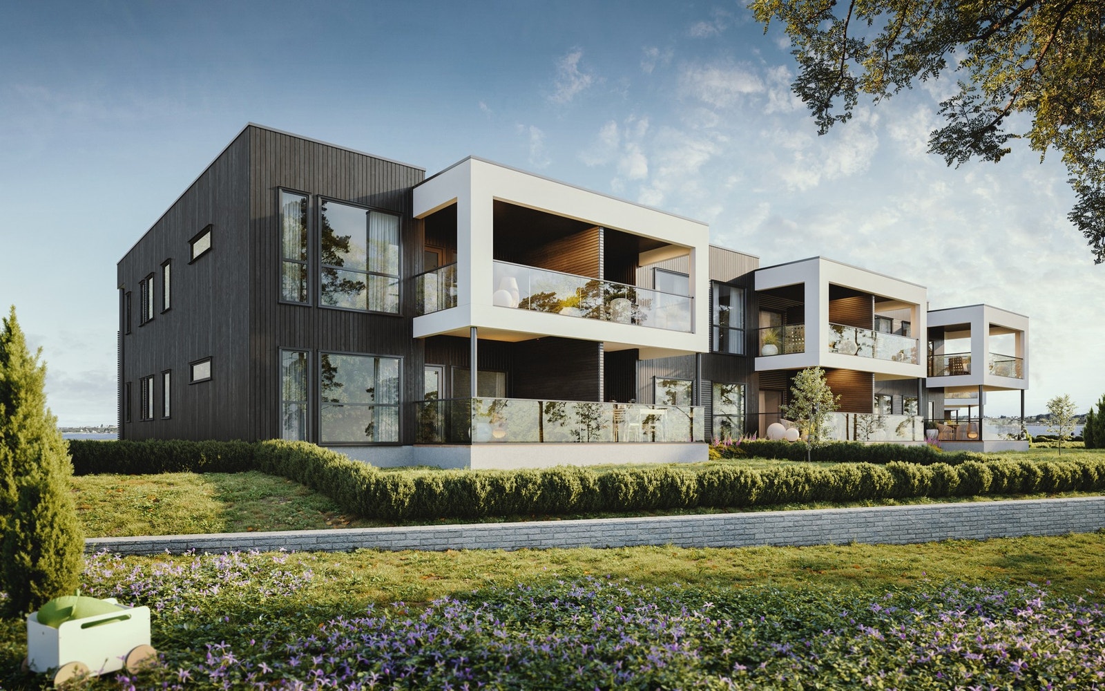 Illustrasjoner fra nabobygget (bygg B). Det leveres ikke rekkverk på terrassene i 1. etasje. Galleribilde