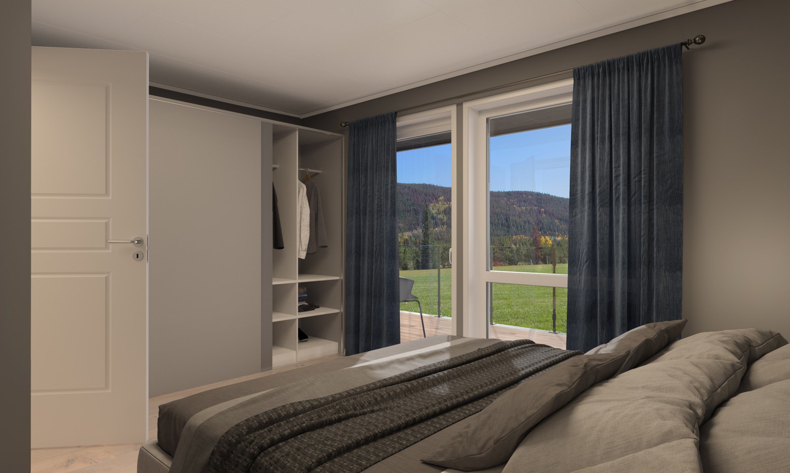 Illustrasjon av soverom i andre etasje med utgang til balkong Galleribilde