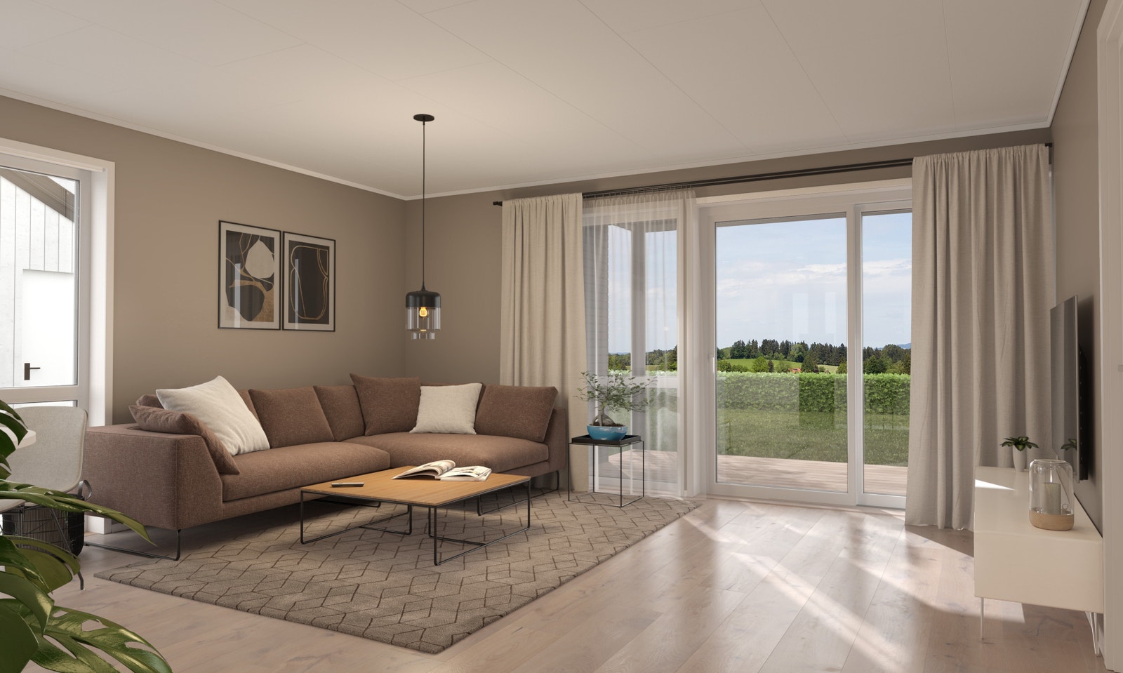 Illustrasjon av stuen med utgang til markterrasse og den vestvendte hagen. Galleribilde