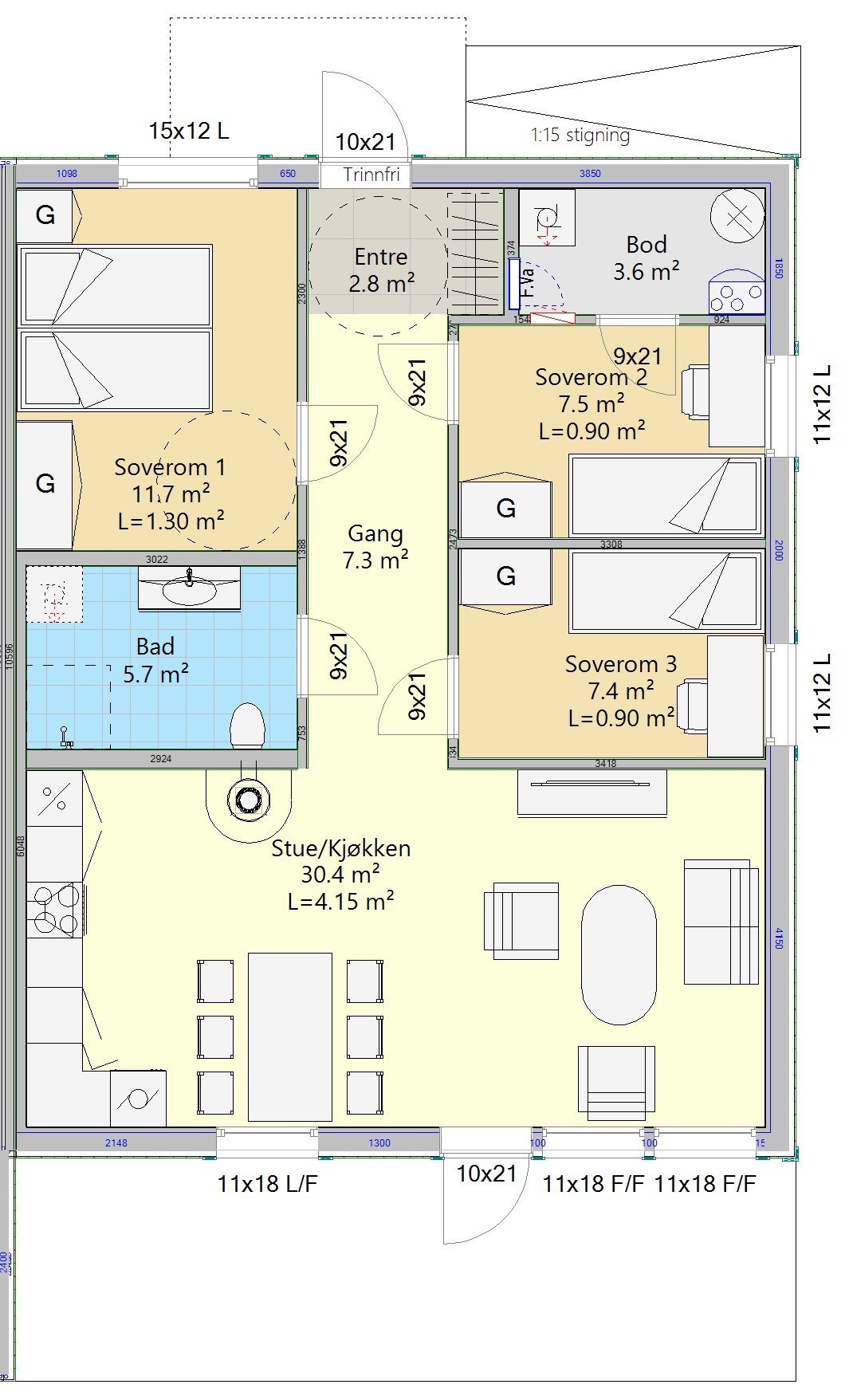 Planløsning med 3 soverom Galleribilde