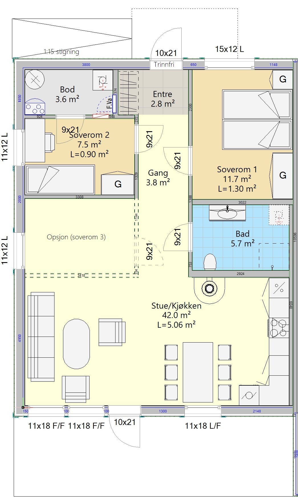 Planløsning med 2 soverom Galleribilde