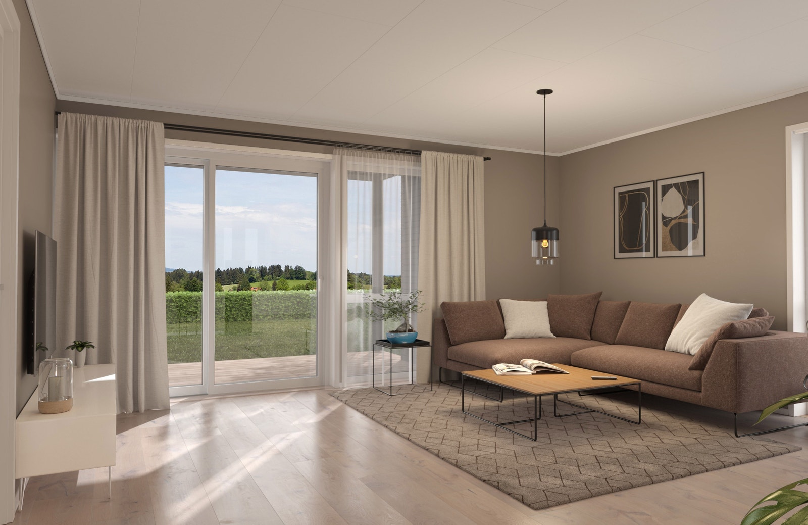 Stuen har utgang til terrassen og hagen. Illustrasjon. Galleribilde