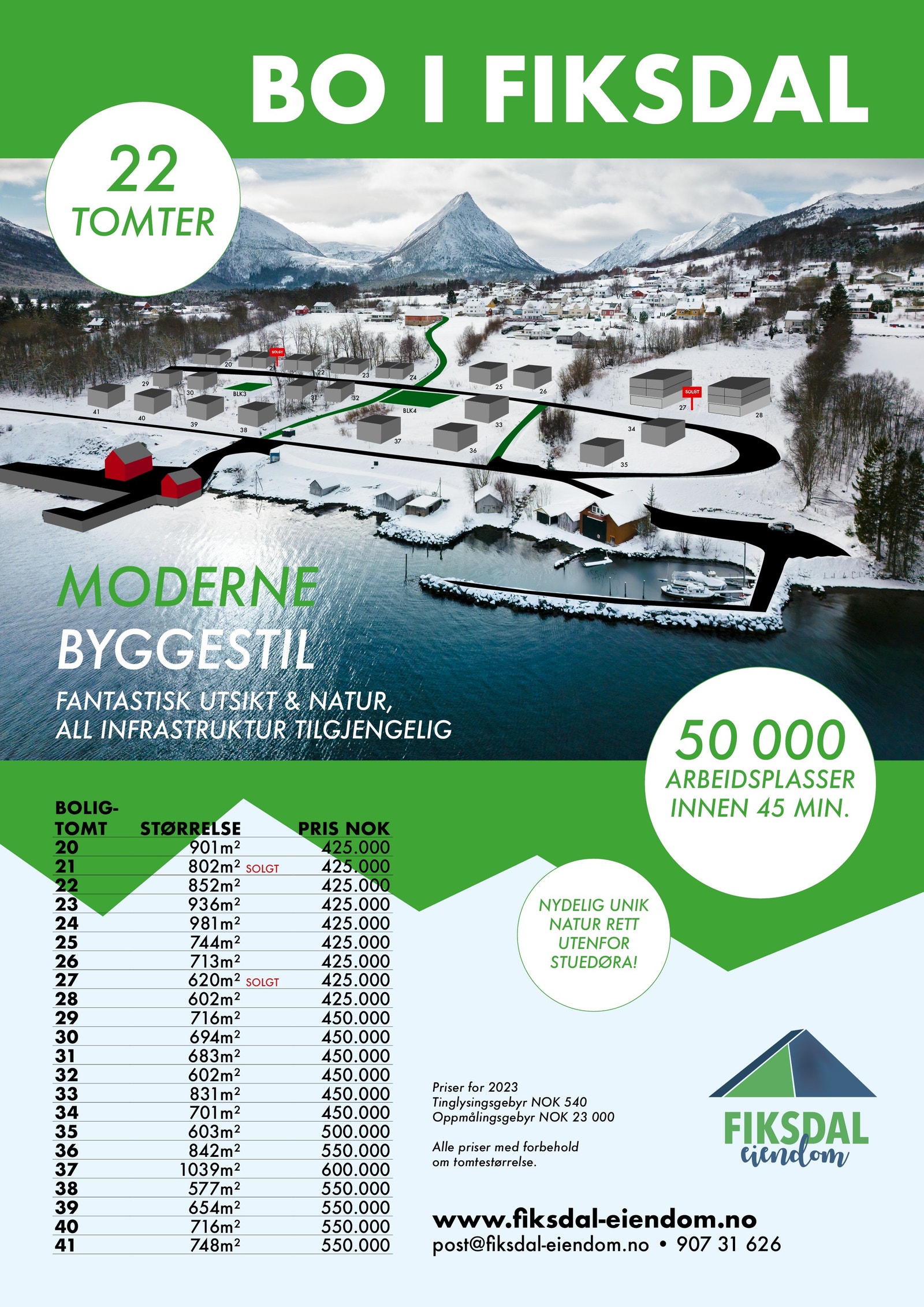 Oversikt over tomtene og visualisering av de ulike plasseringene av bolig på tomt. Galleribilde