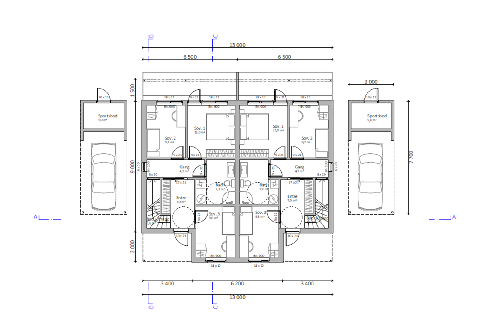Plantegning 1. etasje for hele tomannsboligen - Kun ment som illustrasjon, avvik kan forekomme Galleribilde