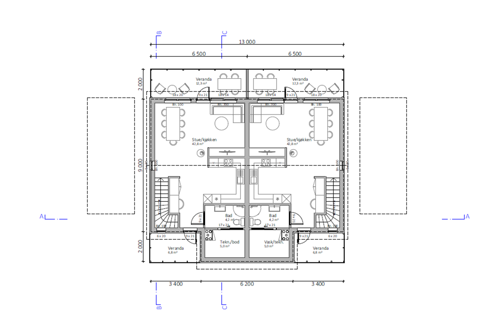Plantegning 2. etasje for hele tomannsboligen - Kun ment som illustrasjon, avvik kan forekomme Galleribilde