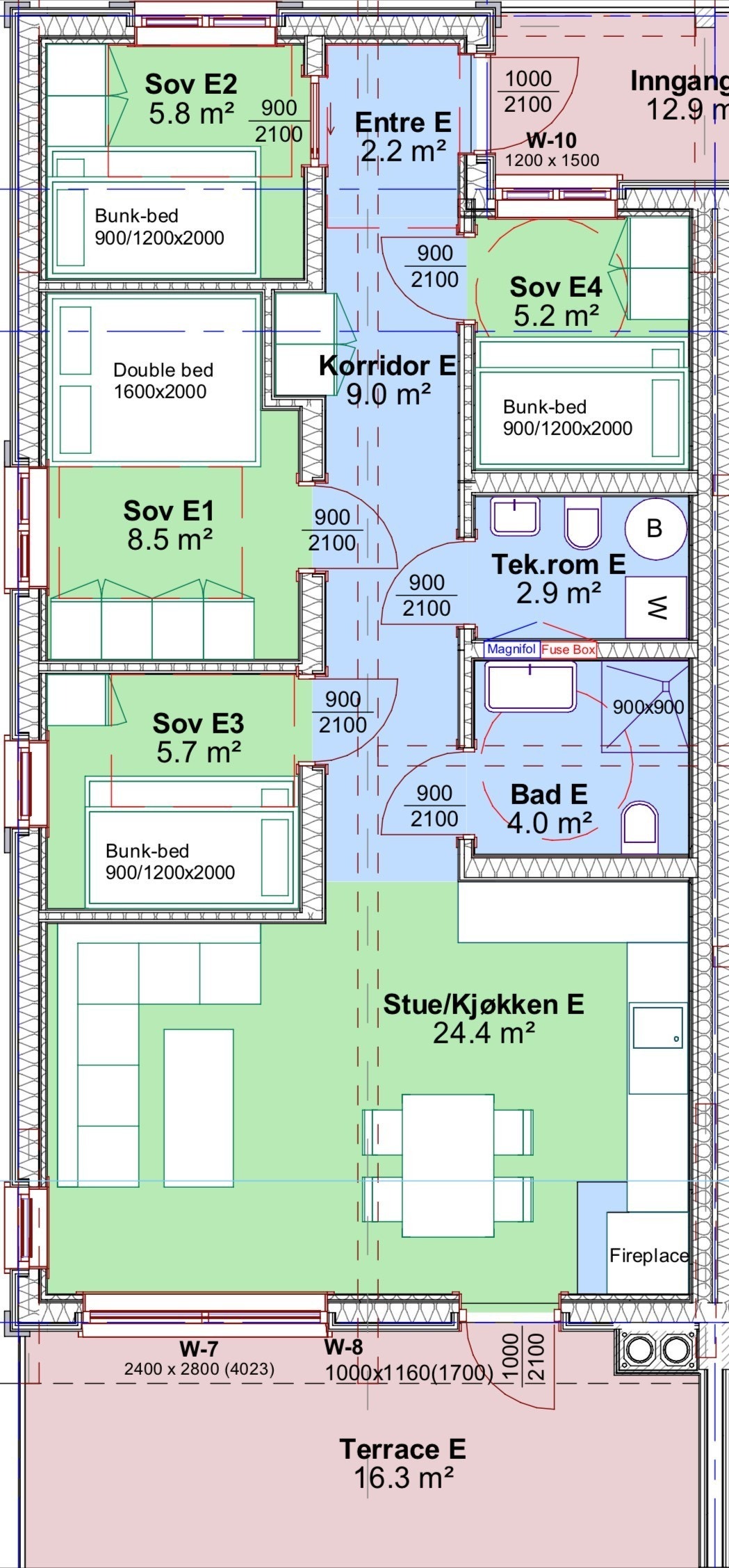 Plan tegning endeleilighet i 8-mannsboligen med 4 soverom Galleribilde