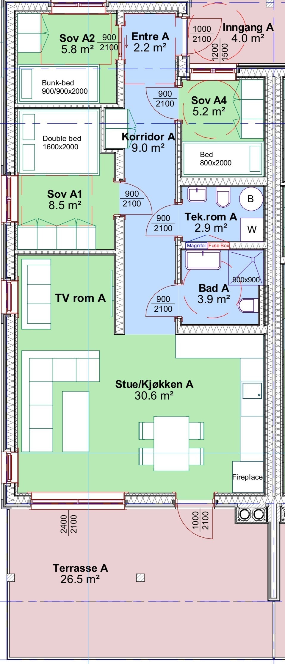 Plan tegning endeleilighet i 6-mannsbolig hvor det er 3 soverom. Det fjerde soverommet er iinnlemmet i stuen Galleribilde