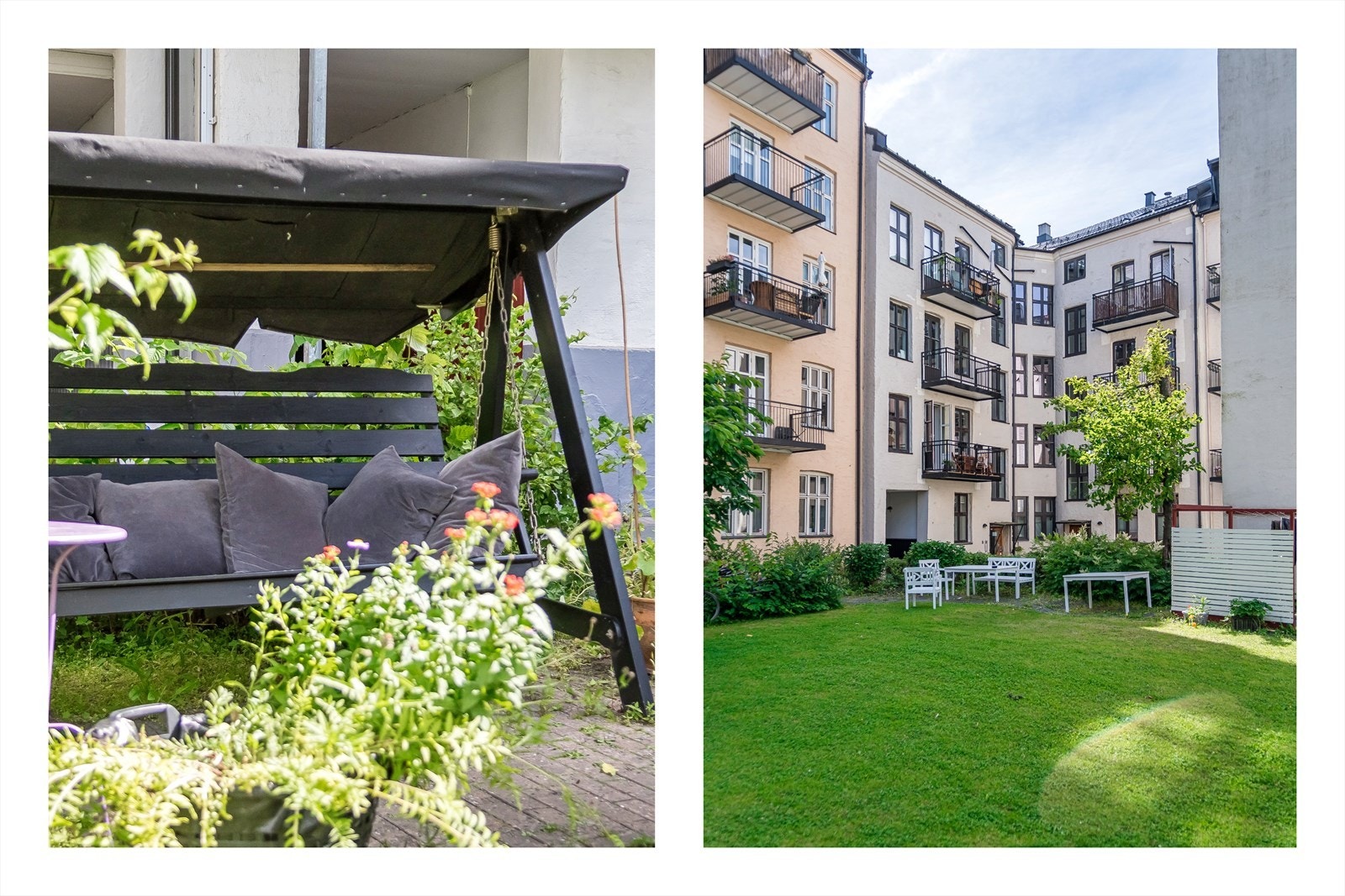 Borettslaget har en hyggelig og frodig bakgård med en rekke sittegrupper for beboerne og felles grill. Galleribilde