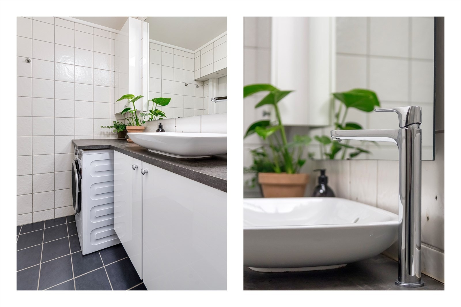 Badet er utstyrt med toalett, dusjinnredning med glassdør og servantinnredning med nisje for vaskemaskin. Galleribilde
