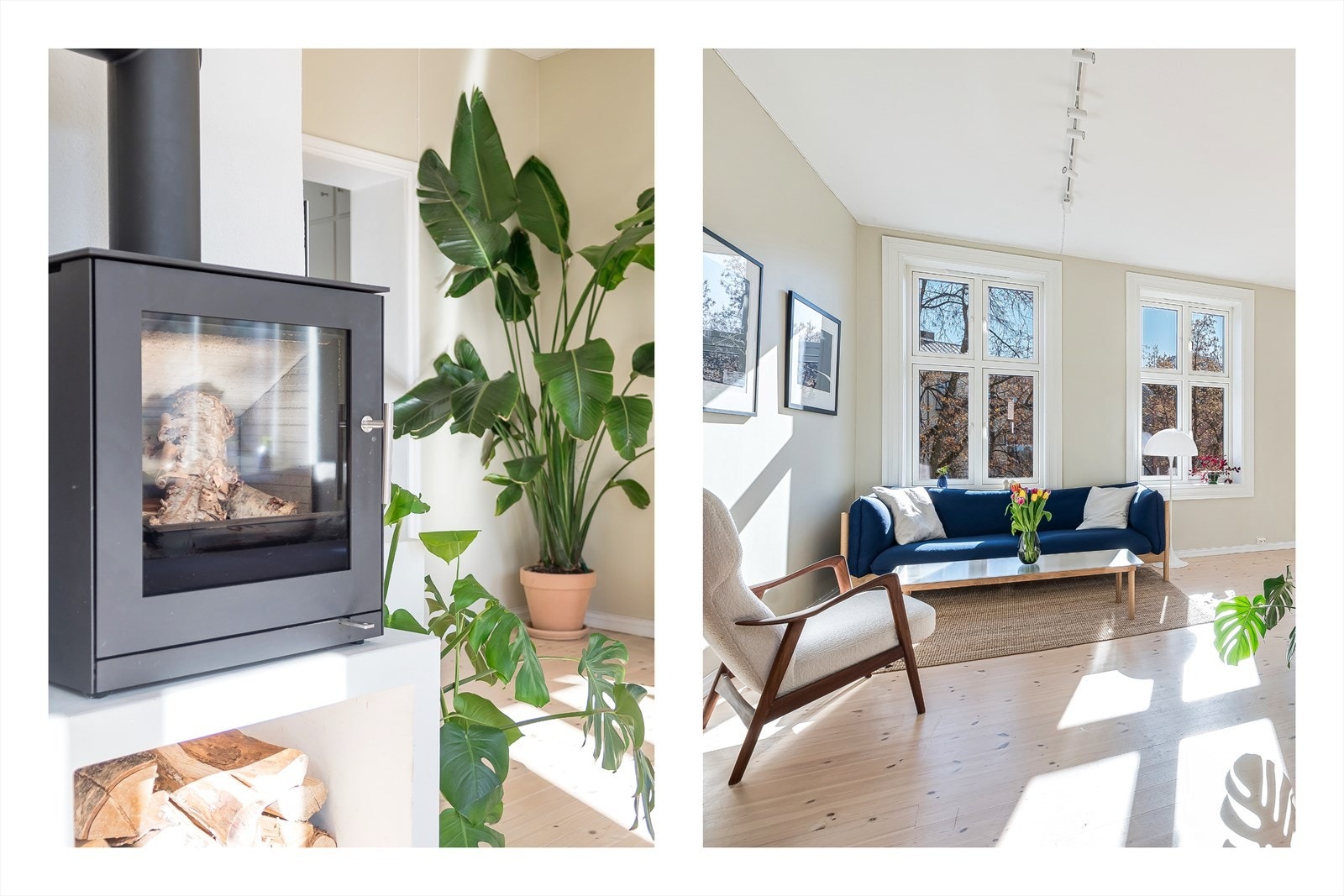 Stuen har en koselig peisovn (2019) som både er stemningfull og praktisk på kjølige kvelder. Galleribilde