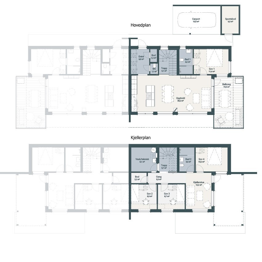 Fridalen Hemsedal planskisse hus R bolig 36. Dette er en helt ny planløsning i prosjektet, med bl.a. 2 oppholdsrom. Totalt BRA 141 m². Galleribilde