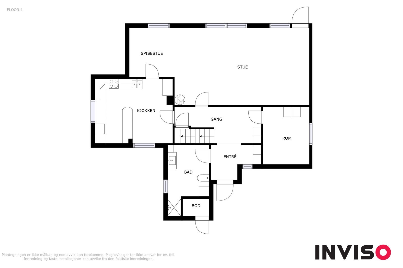 Plantegning 1. etasje. NB - Døren til utebod er feilplassert i plantegning. Inngangen er egentlig fra inngangsparti (Høyre) Galleribilde