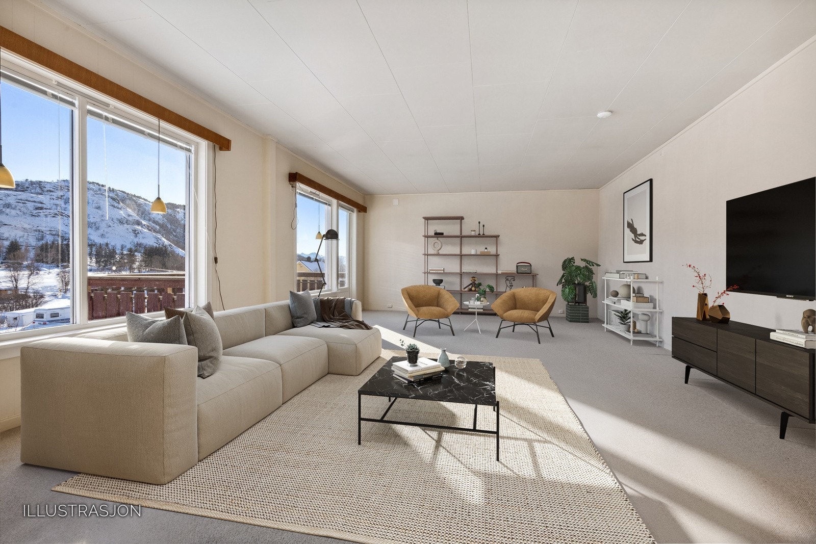 MØBLERINGSFORSLAG: Stuen er svært romslig, med flere gode møbleringsmuligheter. Galleribilde