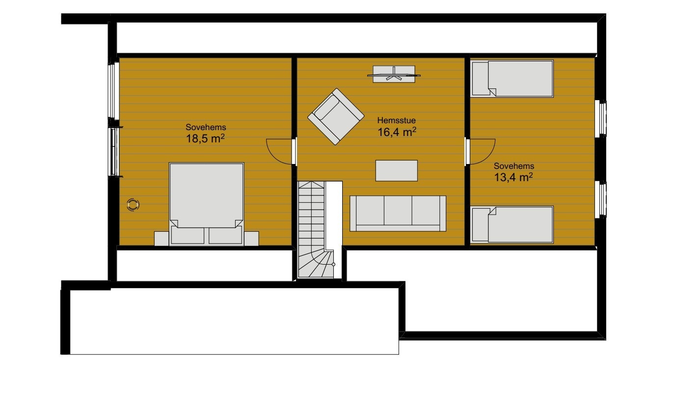 Hems, med takhøyde på 189 cm. Gulvareal på 46 m2, som ikke målbart. Galleribilde