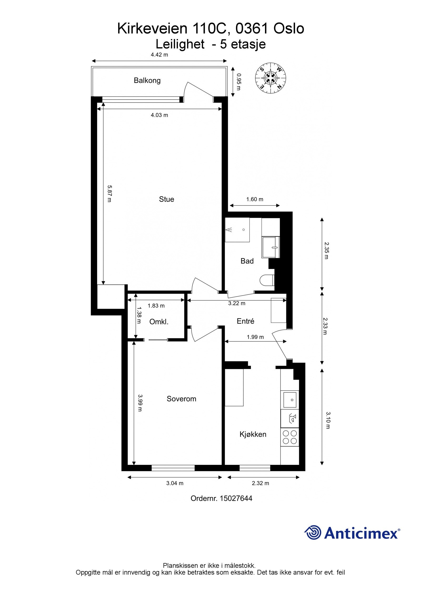 Plantegning. I tillegg disponerer leiligheten en kjellerbod på ca. 2,8m². Heisadkomst. Galleribilde