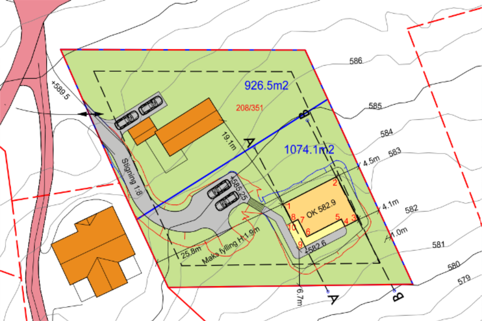 Seksjonering og inndeling. Nedre tomt er gjeldende tomt til salgs. Galleribilde