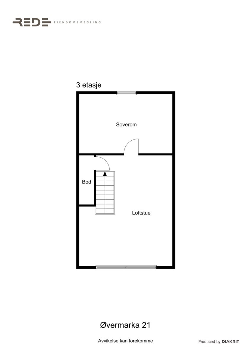 Plantegning over loftsetasjen. Her er det etablert ett soverom, loftstue og en bod Galleribilde