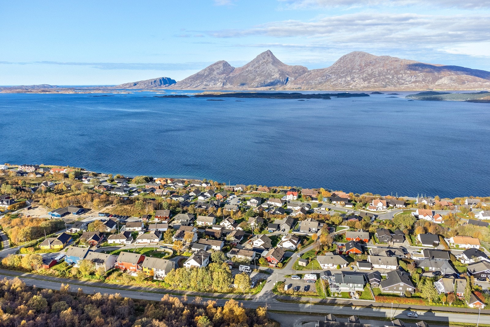 Dronebilde mot Alstenfjorden og Dønnamannen Galleribilde