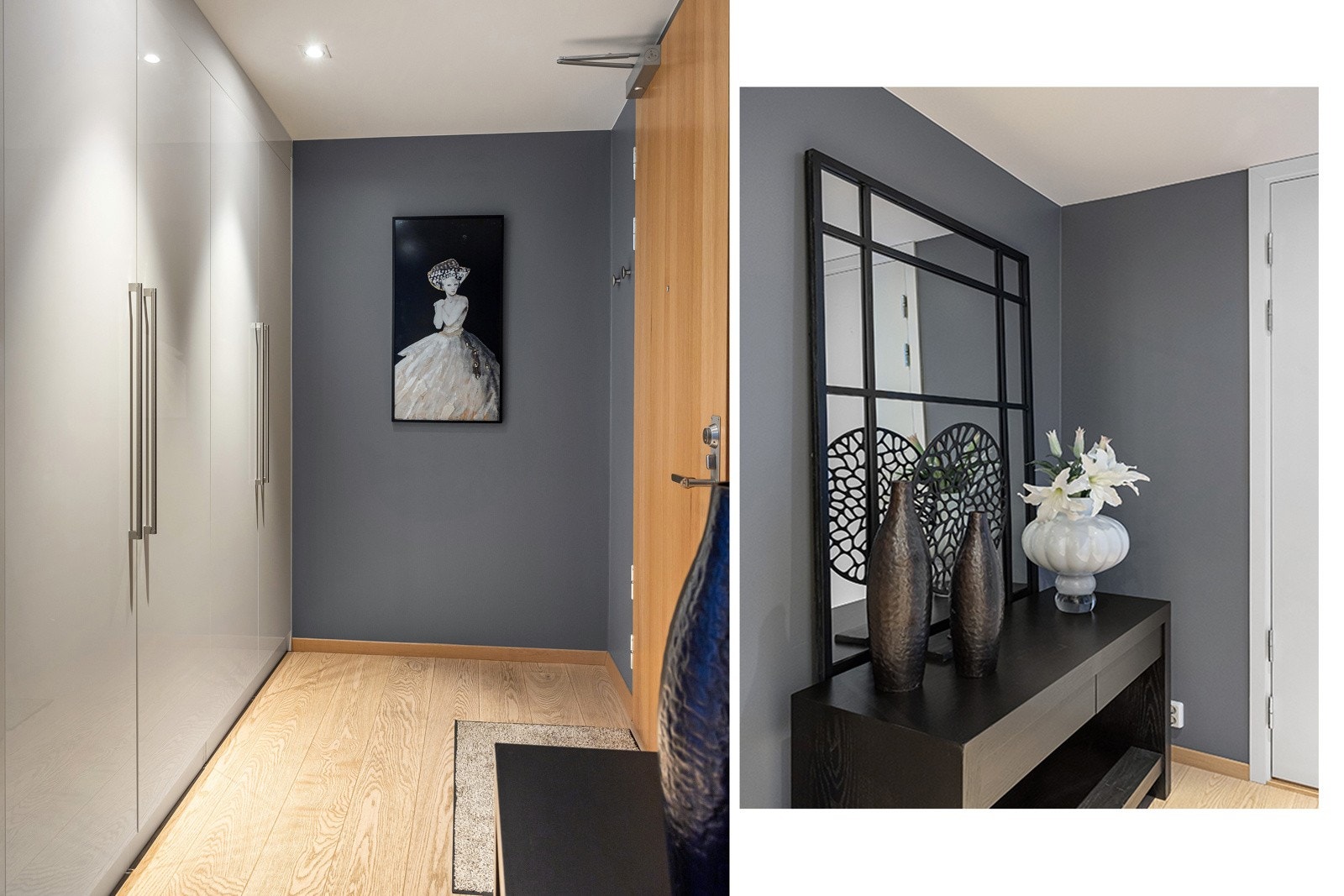 Leilighetens entré er med på å gi et godt førsteinntrykk. Entréen er av fin størrelse og også her er det montert en skyvedørsgarderobe. Galleribilde