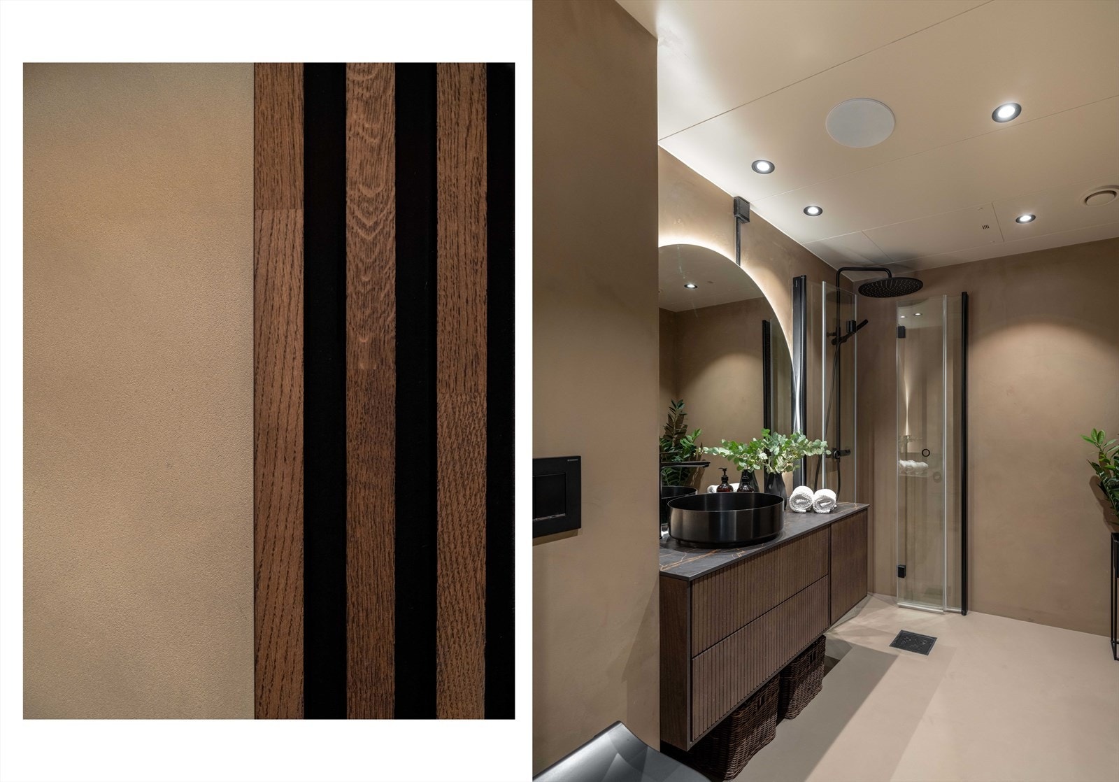 Da ble det lagt mikrosement på hele badet, og all innredning skiftet. Spiler på veggen lager prikken over i-en! Galleribilde