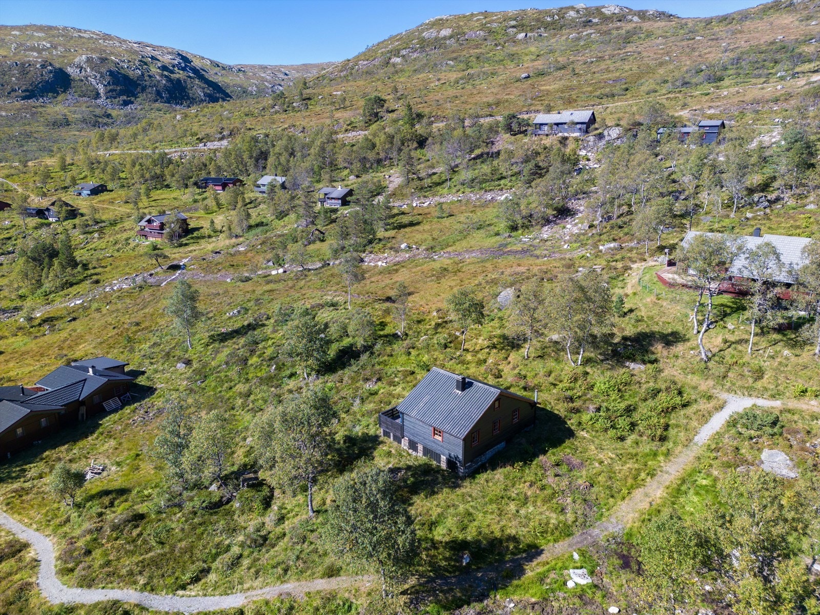 Koselig hyttefelt med god avstand mellom hyttene. Galleribilde