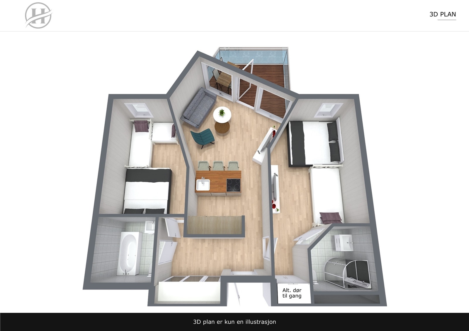 Hall med garderobe. 2 sov med hvert sitt bad. Åpen kjøkken og stueløsning. Flott terrasse. Galleribilde