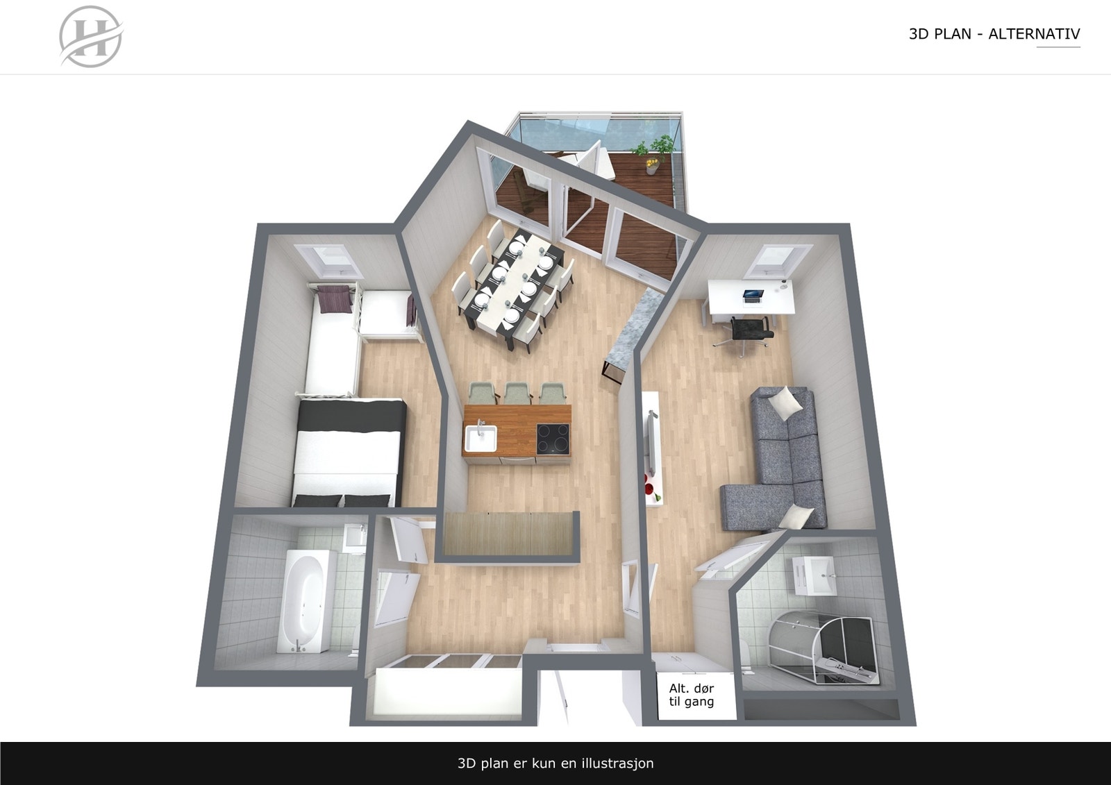 Hall med garderobe. 2 sov med hvert sitt bad, her det ene som en stue II med sovesofa. Åpen kjøkken og stueløsning. Flott terrasse. Galleribilde