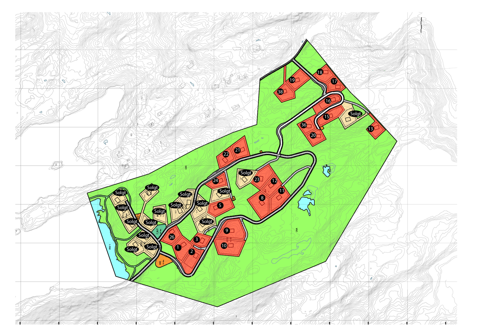 SItuasjonskart tomteområde.
Pris i annonsen tar utg.pkt i tomt 5. Galleribilde