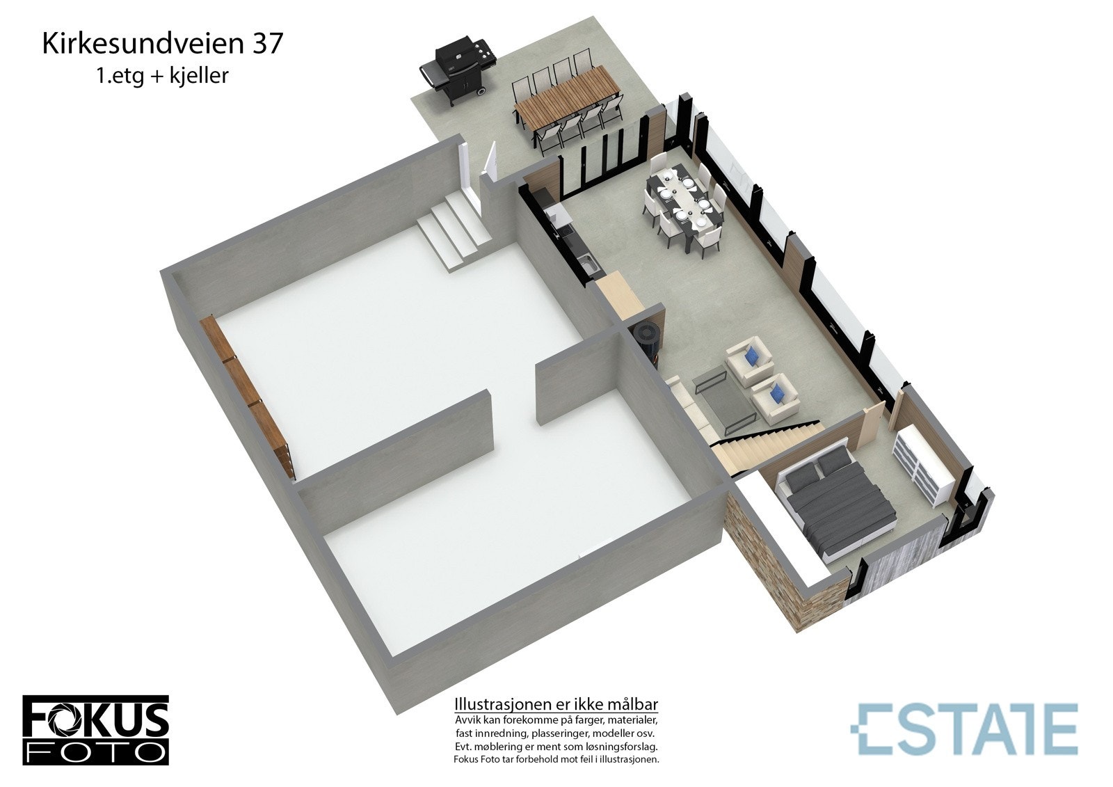 Estate 3D-tegning - 1.etg/underetasje og kjeller Galleribilde