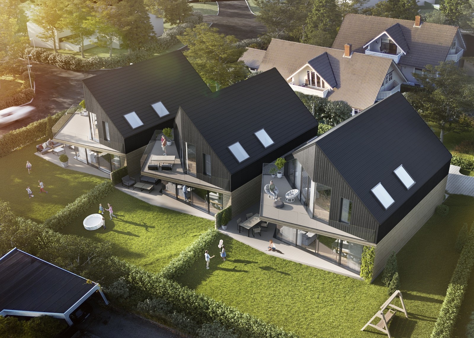 Tre arkitekttegnede kjedede eneboliger med god planløsning og et stilfullt uttrykk. Galleribilde