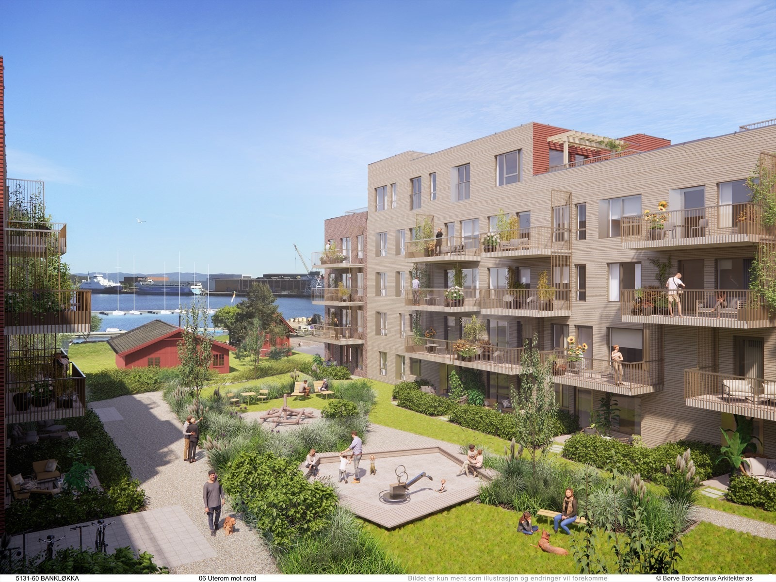 Flott opparbeidet fellesareal mellom byggene. Galleribilde