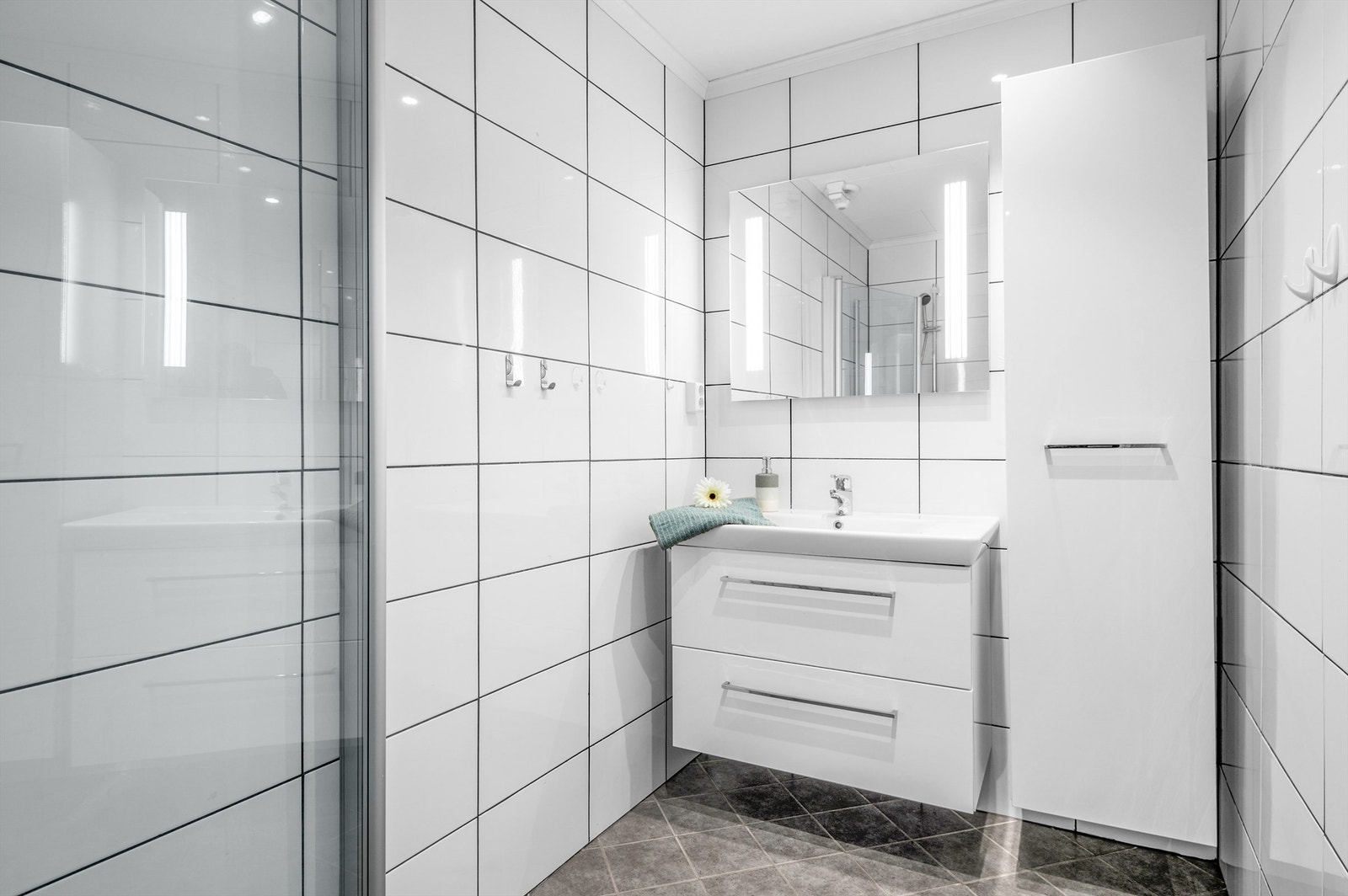 Baderommet i hovedetasjen er utstyrt med Wc, dusj og servant med skap. Galleribilde