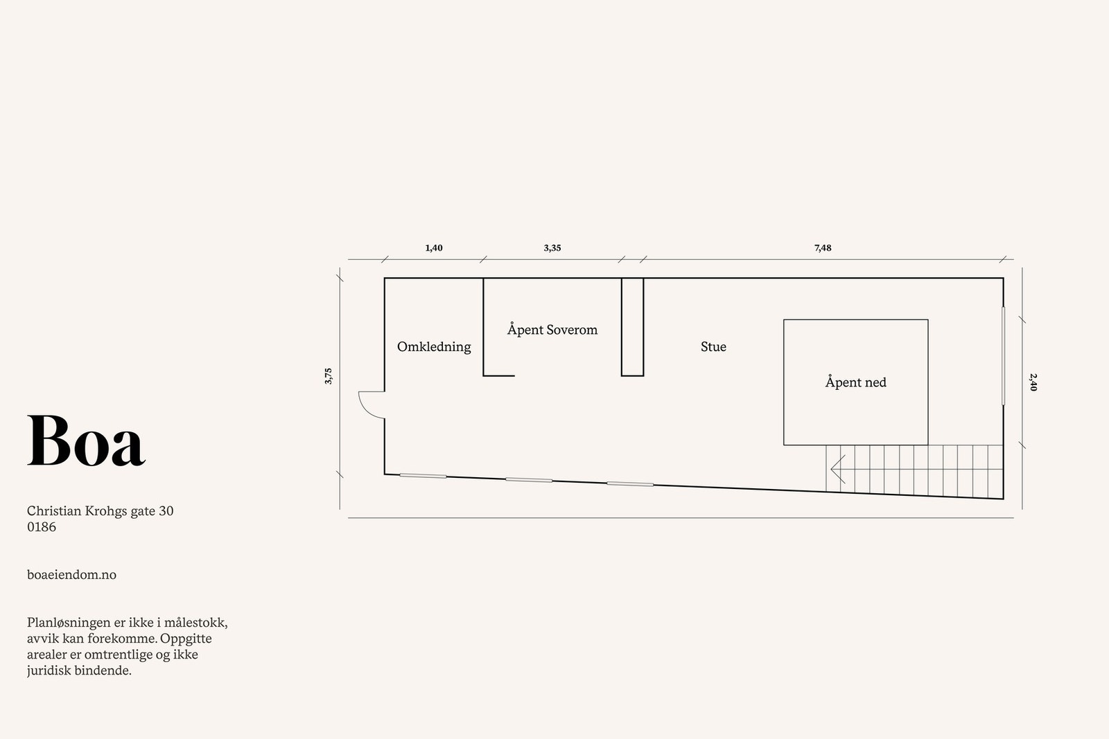 7. etasje: Stue m/åpent soverom og omkledningsavdeling.
Leiligheten disponerer i tillegg to kjellerboder på hhv. 4 og 5kvm. Felles takterrasse. Galleribilde