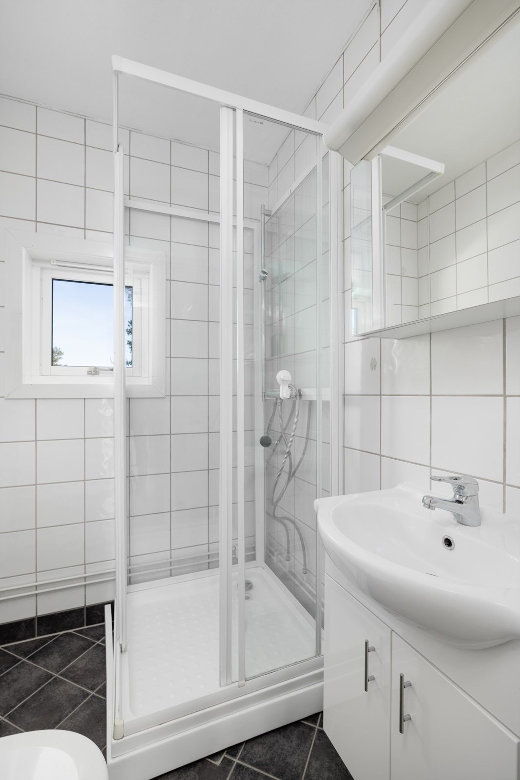Badet er innredet med servant på innredning, dusjkabinett og toalett. Galleribilde