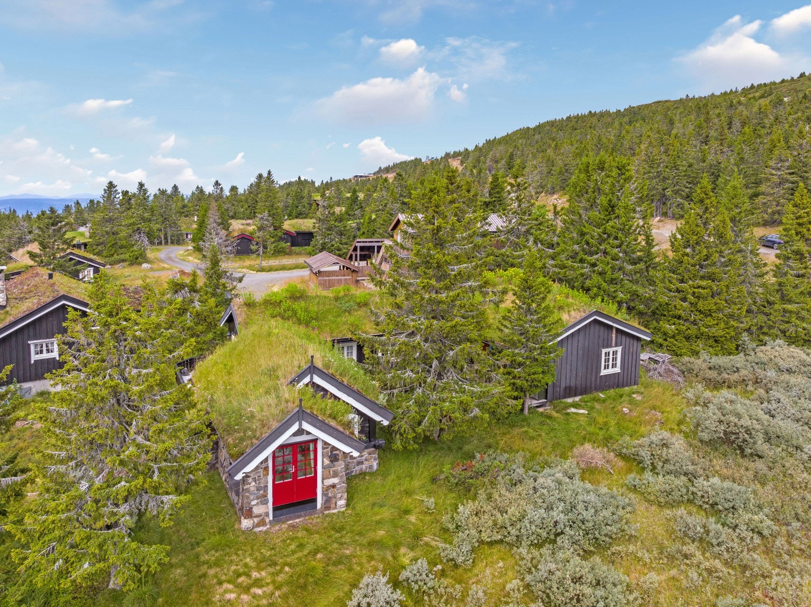 Eiendommen ligger i frodig terreng med grønne gressarealer, trær og naturtomt. Galleribilde