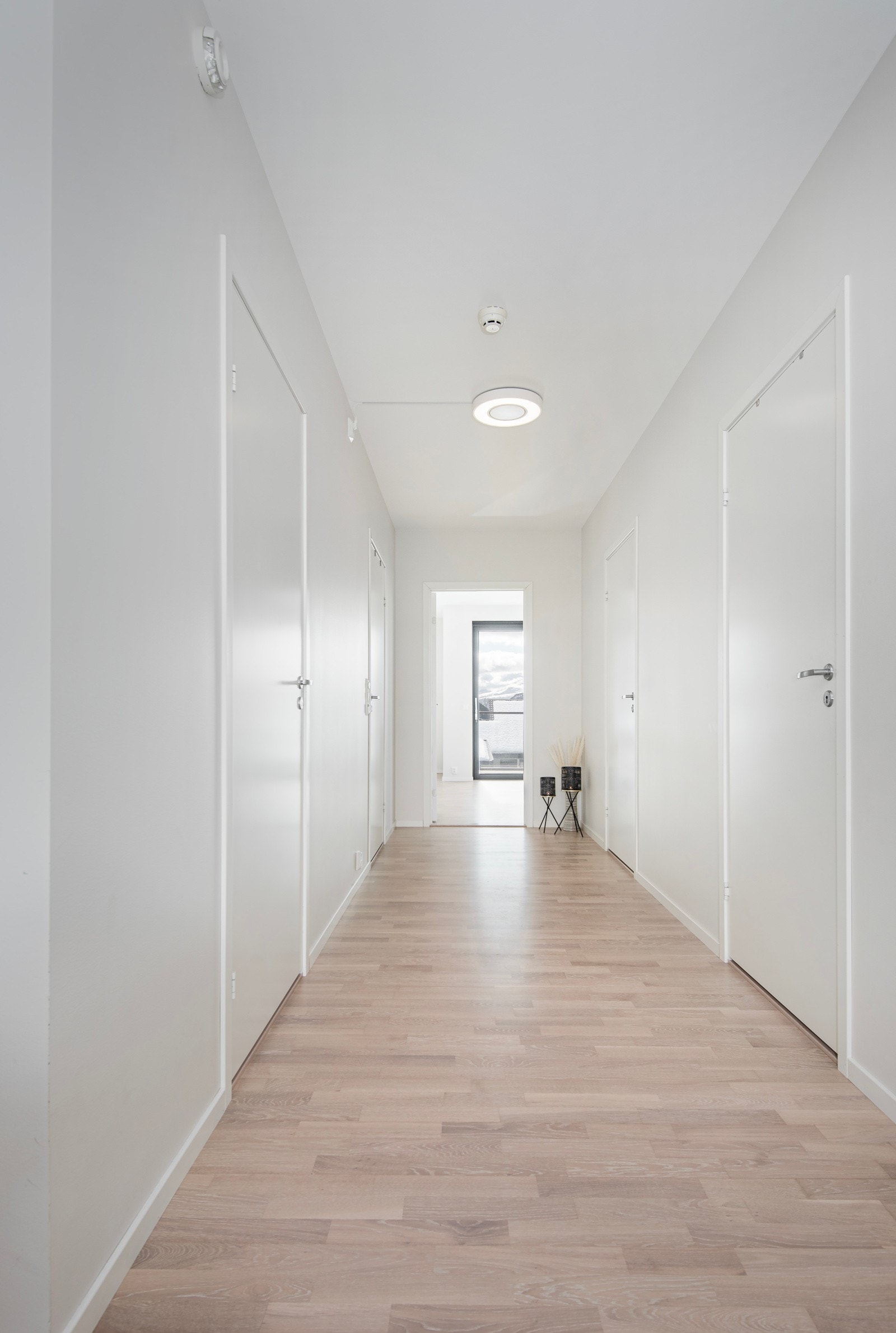Gangen med slette hvite innerdører til soverommene, bad og vaskerom. Stuen er rett frem . Galleribilde