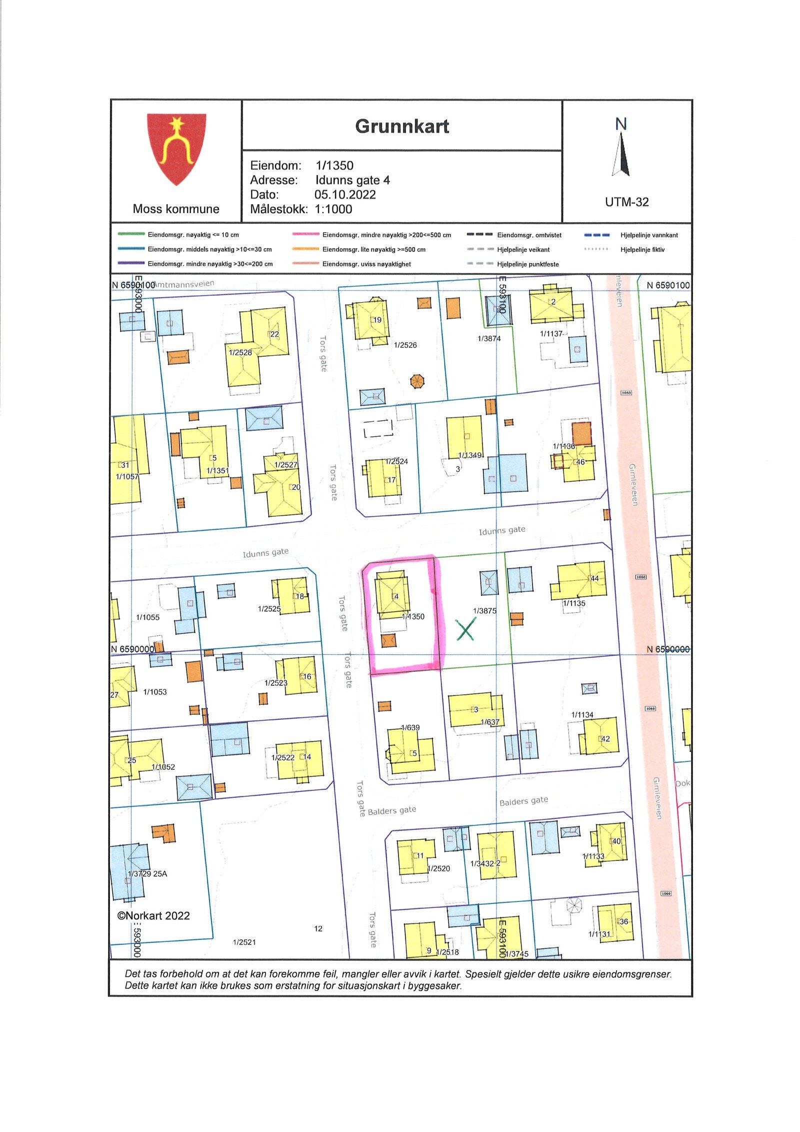 Idunns gate 4 er markert med rosa. Det skal bygges på naboeiendommen markert med grønt kryss (gnr. 1 bnr. 3875) Galleribilde