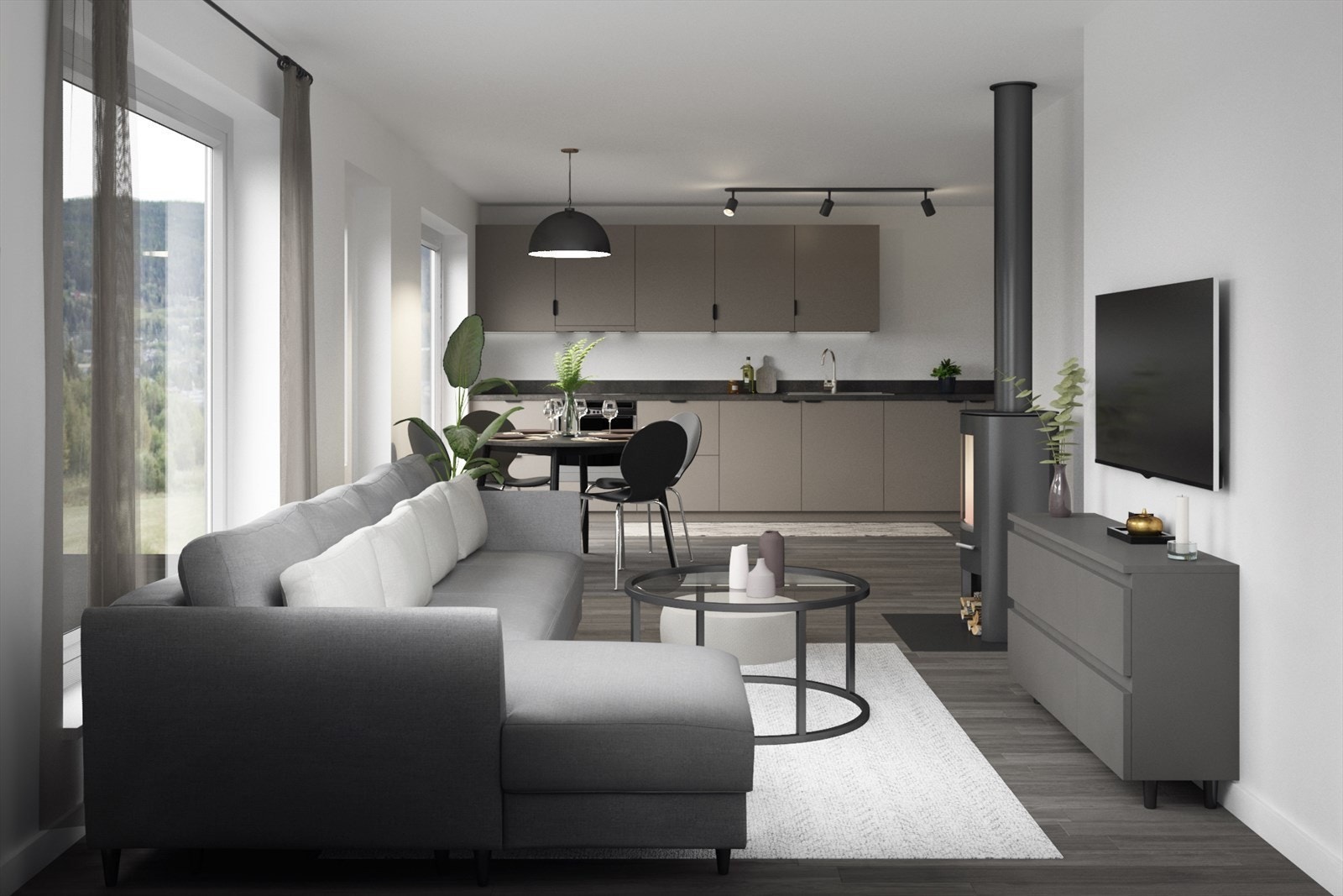 Fjordsikt stue/kjøkken. (Generell Illustrasjon fra leilighet 1 og 2). Galleribilde