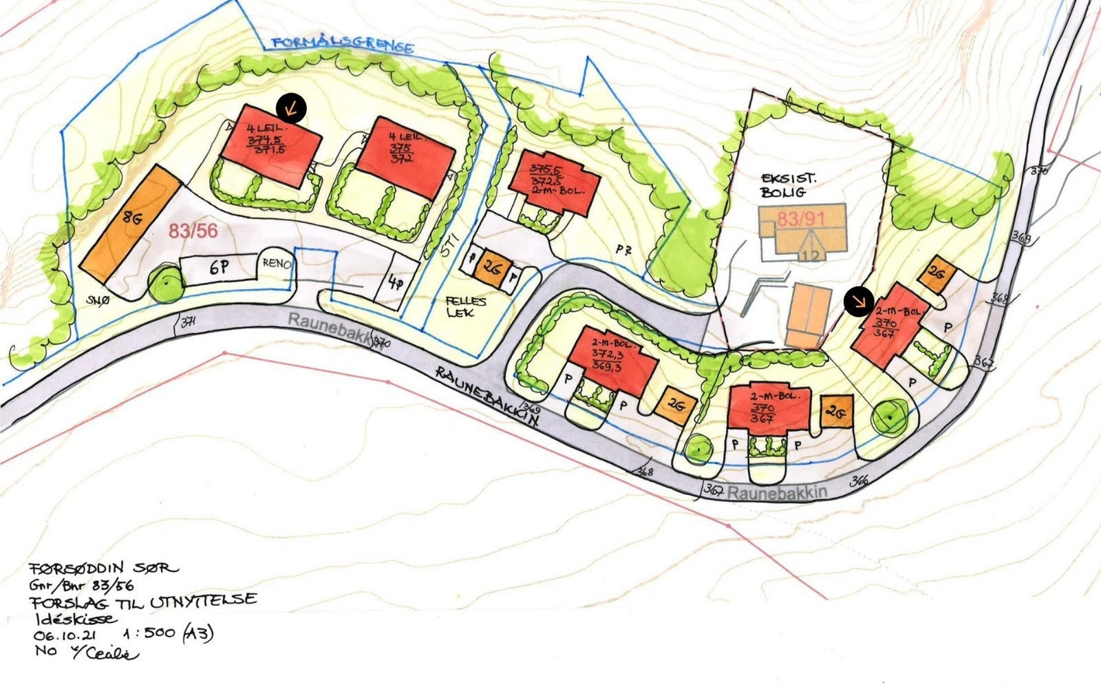Foreløbig tegning av prosjektet. Merk at innkjøring og parkering er justert for tomannsbolig. Pilene i bildet indikerer hvor de første byggene er tenkt plassert (4-mannsbolig til venstre, 2-mannsbolig til høyre). Galleribilde